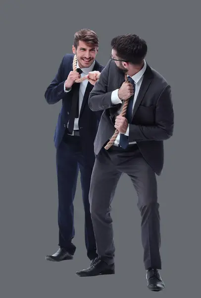 Full Length Two Businessmen Pulling Long Rope Isolated White Background — Stock Photo, Image