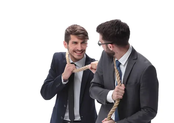 Full Length Two Businessmen Pulling Long Rope Isolated White Background — Stock Photo, Image