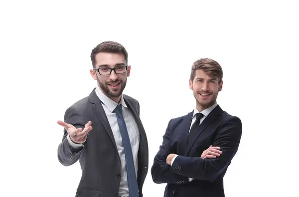Vollem Wachstum Zwei Geschäftsleute Stehen Zusammen Isoliert Auf Weißem Hintergrund Stockbild