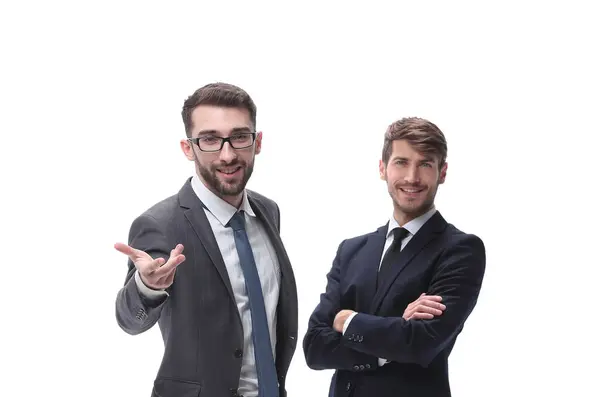 Full Growth Two Businessmen Standing Together Isolated White Background Stock Image