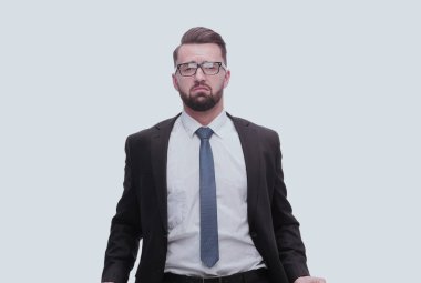 Tam gelişim. Hüsrana uğramış iş adamı ceplerini boşaltıyor. beyaz arkaplanda izole