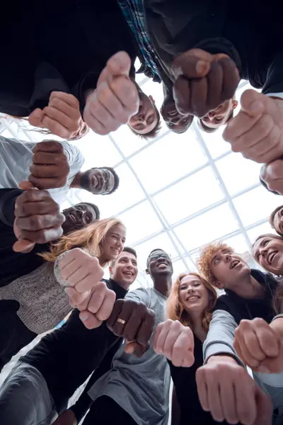 Bottom View Group Diverse Young People Joining Hands Ring — Stock Photo, Image