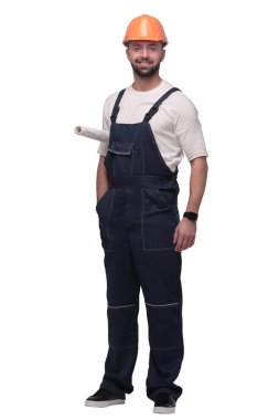 Tam gelişim. Çizimleri olan becerikli bir işçi. beyaz arkaplanda izole