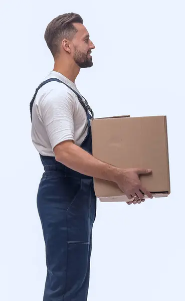 Volle Groei Man Werkkleding Met Kartonnen Doos Geïsoleerd Witte Achtergrond — Stockfoto