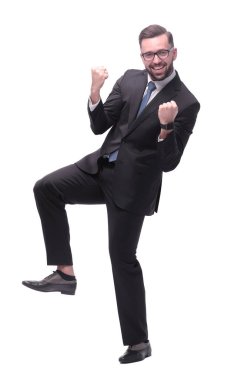 Tam boy. Çok mutlu genç bir iş adamı. beyaz arkaplanda izole