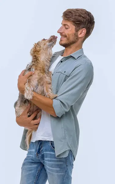 Piena Crescita Giovane Con Suo Cane Isolato Sfondo Bianco Immagine Stock