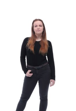 Tam gelişim. Sıradan kıyafetler giymiş sevimli bir kız öğrencinin portresi. beyaz üzerine izole