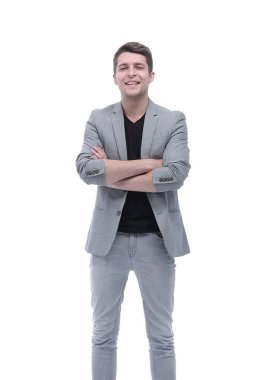 Tam gelişim. Gülümseyen başarılı modern adam. beyaz arkaplanda izole