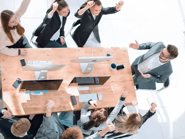 Vista Superior Equipe Negócios Aplaudindo Uma Reunião Trabalho Conceito Trabalho — Fotografia de Stock