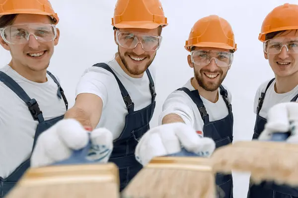 Group Builders Different Tools Isolated White — Stock Photo, Image