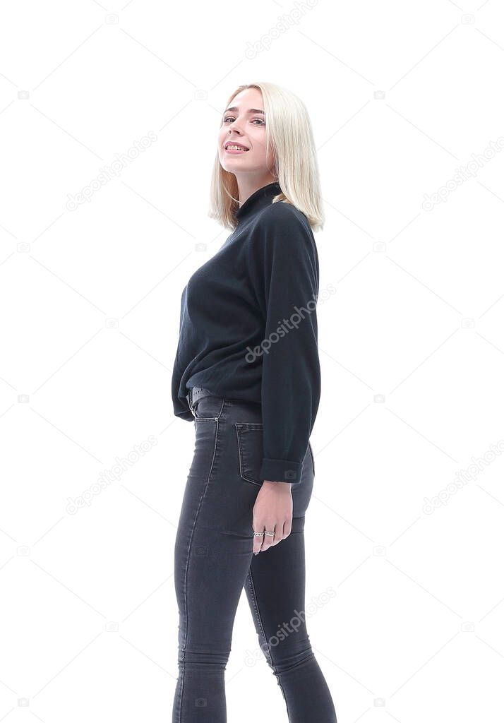 side view. modern young woman looking at copy-space . isolated on white