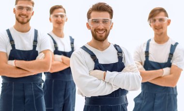 patron ve beyaz üzerine profesyonel endüstriyel workers.isolated takımının