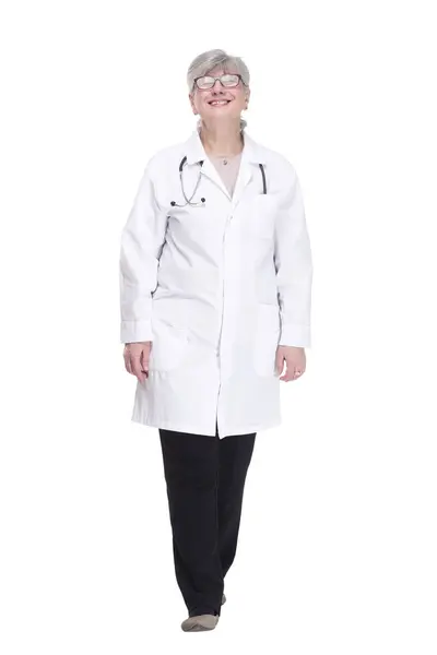 Full Growth Happy Woman Doctor Striding Forward Isolated White Background — Stock Photo, Image