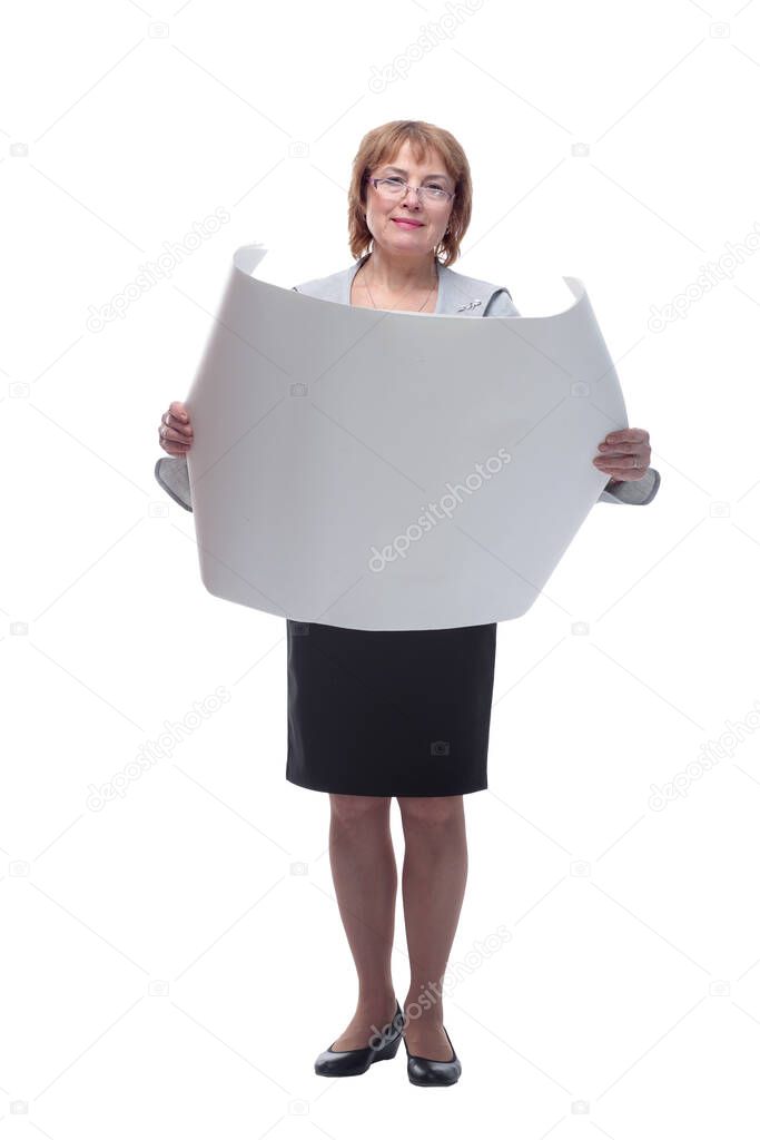 female engineer holding opened blueprint isolated and looking at camera