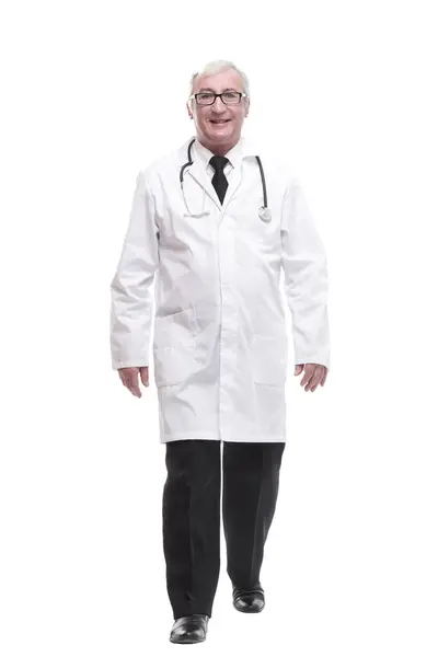 Qualified Mature Doctor Stethoscope Stepping Forward Isolated White Background — Stock Photo, Image
