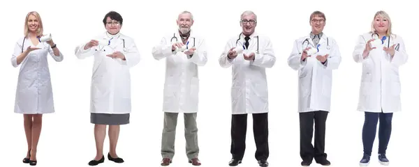 Group Doctors Holding Jar Isolated White Background — Foto de Stock