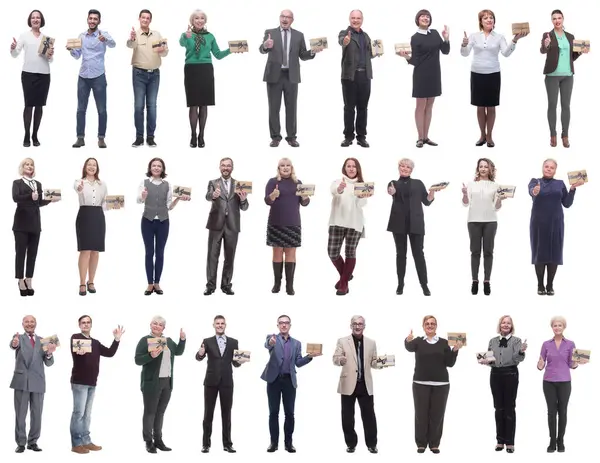 Group Happy People Gifts Hands Isolated White Background — Stock Photo, Image