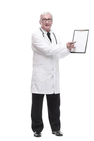 Qualified Mature Doctor Clipboard Isolated White Background — Stock Photo, Image