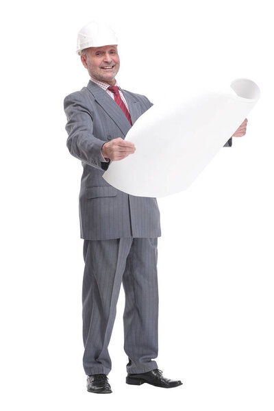 serious businessman in white hardhat blueprint and looking at camera. isolated on white background