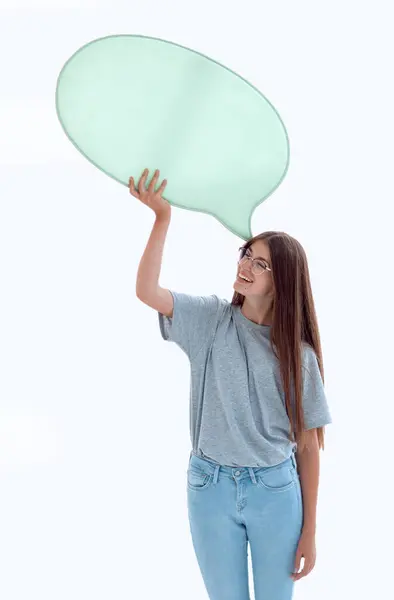 Dreamy Young Woman Speech Bubble Isolated White Background — Stock Photo, Image