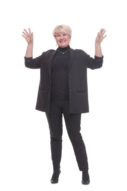 Tam gelişim. Mutlu iş kadını sana bakıyor. beyaz arkaplanda izole.