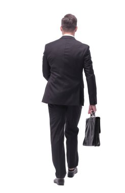 Dikiz aynası. Deri çantalı iş adamı öne çıkıyor. beyaz arkaplanda izole