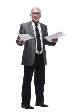 Tam gelişim. Dijital tabletli olgun bir iş adamı. beyaz arkaplanda izole edilmiş.
