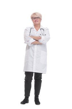 Tam gelişim. Beyaz önlüklü yetenekli bir doktor. beyaz arkaplanda izole edilmiş.