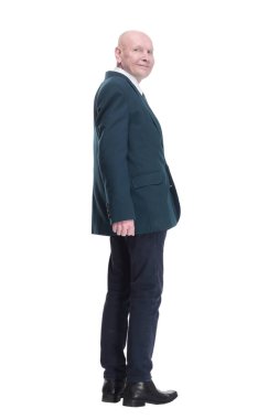 Arkadan bak. İş adamı beyaz ekranda reklam okuyor. beyaz arkaplanda izole edilmiş.