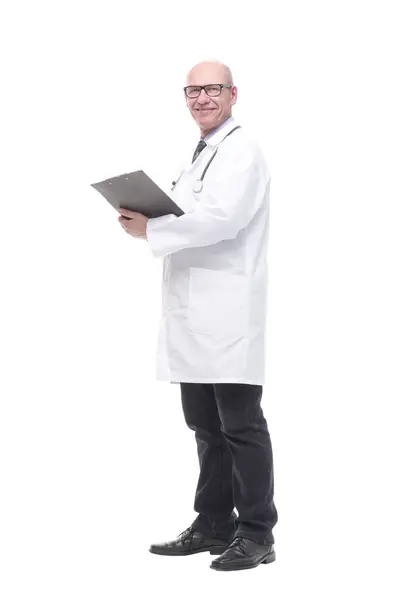 Full Growth Senior Doctor Clipboard Isolated White Background — Stock Photo, Image