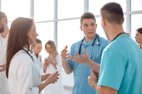 Diverse Medical Professionals Standing Hospital Lobby Photo Copy Space — Stock Photo, Image