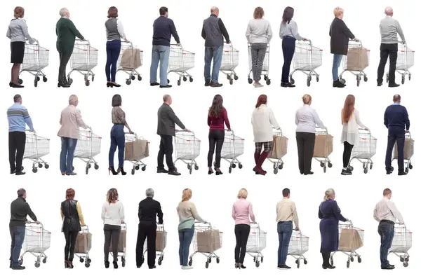 Beyaz bir arka planda sırtları izole bir şekilde duran bir grup insan.