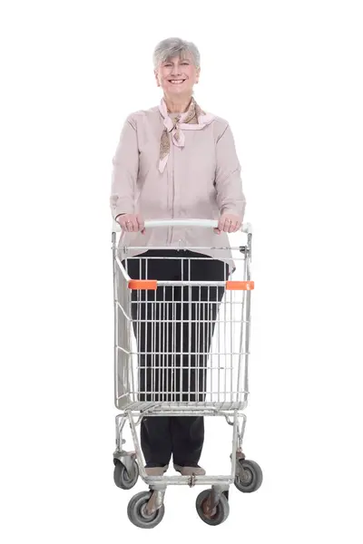 Full Growth Smiling Old Lady Shopping Cart Isolated White Background — Stock Photo, Image