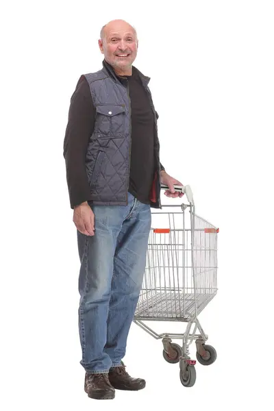 Elderly Man Pushing Shopping Cart Isolated White Background Smiling Camera — Stock Photo, Image