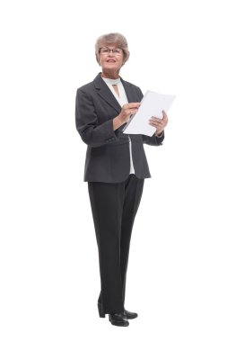 Adult female in black suit and glasses holding papers in her hand, isolated on white background