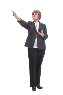Front view of middle age professional businesswoman using her smartphone isolated over white background