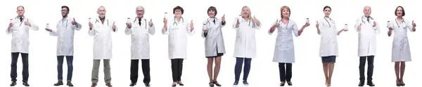 Group Doctors Holding Jar Isolated White Background — Stock Photo, Image