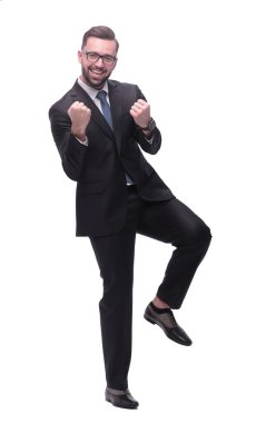 Tam boy. Mutlu ve başarılı genç iş adamı. beyaz arkaplanda izole