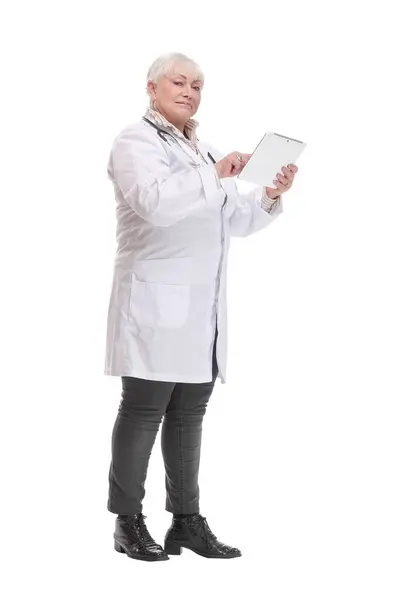 Side View Mature Doctor Using Tablet Computer Isolated White Background — Stock Photo, Image