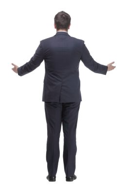 Side view profile of a young business man and looking away. Full length, isolated on white