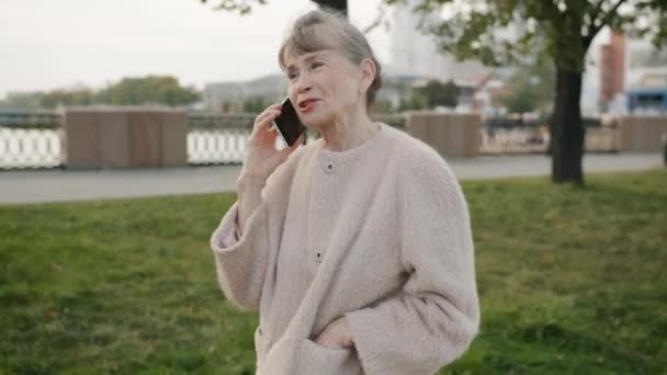 夏天，漂亮的退休女士站在繁忙的街上用手机聊天 — 图库视频影像