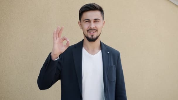 Portræt af glad blandet race forretningsmand viser ok hånd gestus og smilende udendørs – Stock-video
