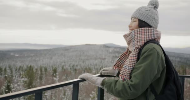 Glad asiatisk dam tittar på underbar vinter landskap tittar på skog och berg från obsrvation plats utomhus — Stockvideo