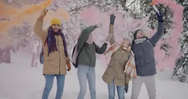 Різноманітна група друзів танцює з димовими бомбами надворі в горах взимку — стокове відео