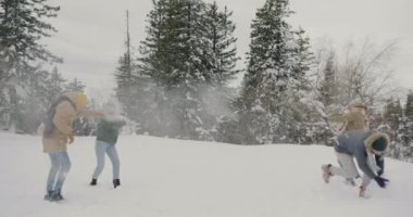 Kartopu oynayan neşeli genç arkadaşların kış ormanlarında eğlenmesi.