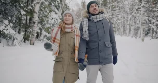 Άντρας και γυναίκα περπατούν έξω στο δάσος κρατώντας τα χέρια μιλώντας και γελώντας απολαμβάνοντας τη φύση το χειμώνα — Αρχείο Βίντεο