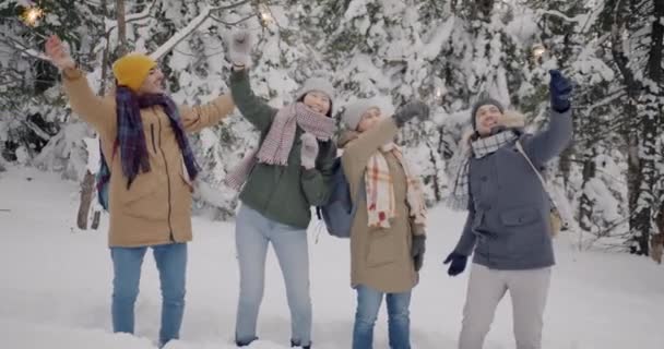 Група туристів, які танцюють на відкритому повітрі з бенгальськими вогнями, розважаються в горах взимку — стокове відео