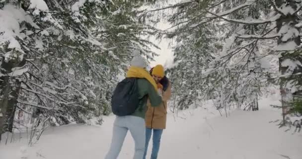 Lyckliga par som vandrar i skogen och skojar på vinterdagen — Stockvideo