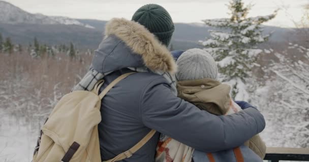 冬の山々を眺めながらお話をする幸せなカップル — ストック動画