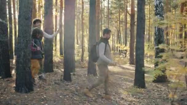 Mamá papá y niño pequeño con mochilas caminando en el bosque juntos charlando y divirtiéndose — Vídeos de Stock